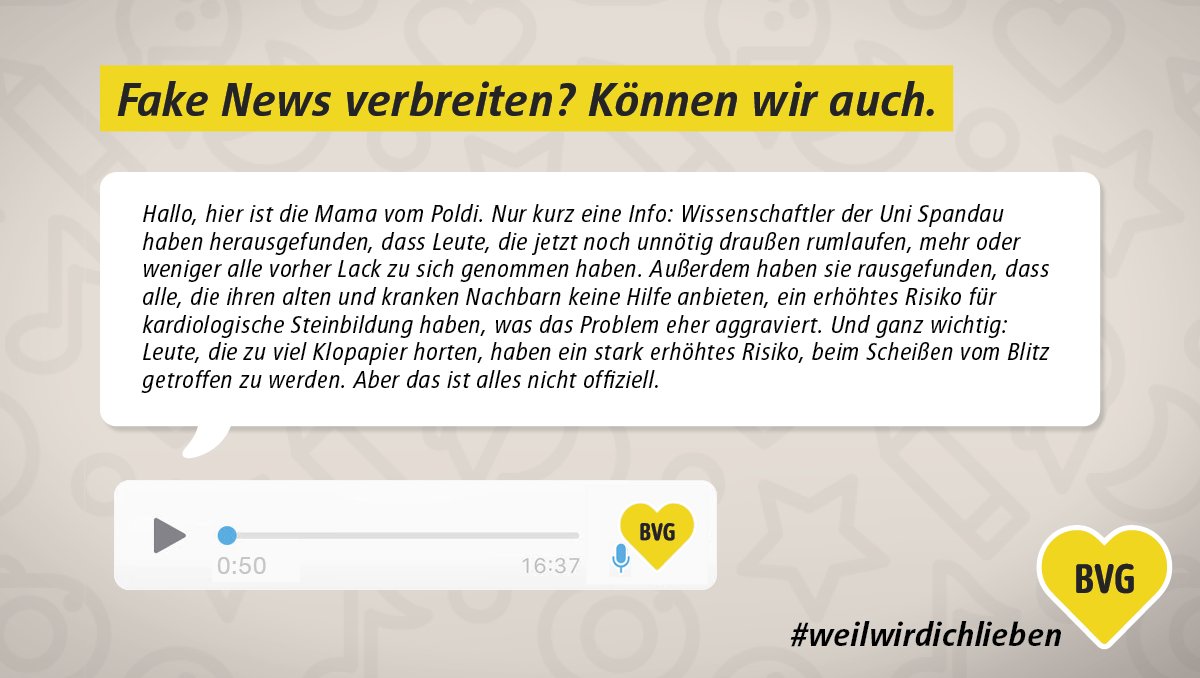 Passt n bisschen auf, was ihr weiterleitet.
Die besten Fake News bleiben immer noch unsere Fahrpläne.