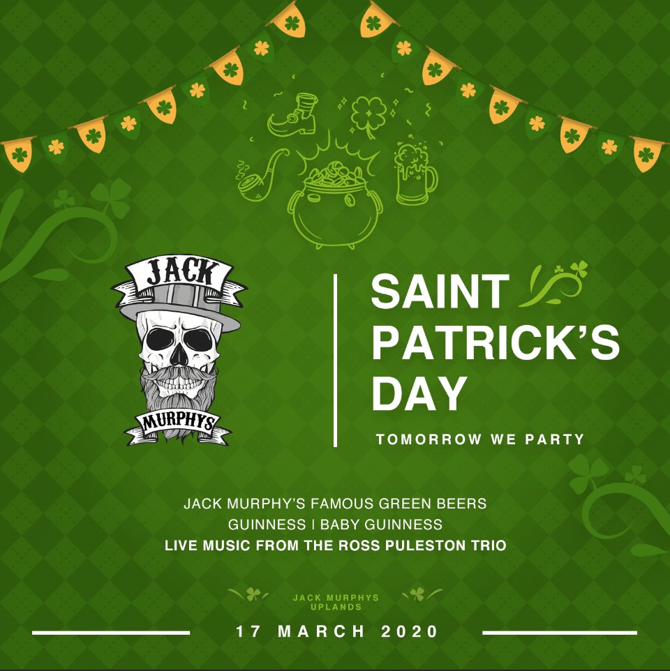 JackMurphys2's tweet photo. Tomorrow, we celebrate St Patrick's Day, it may well be the last opportunity we get for a while, who knows?  Either way, we'll see you tomorrow to be sure. 

Live music from the Ross Puleston Trio!
#JackMurphys #Uplands https://t.co/cUvyTI3fQs