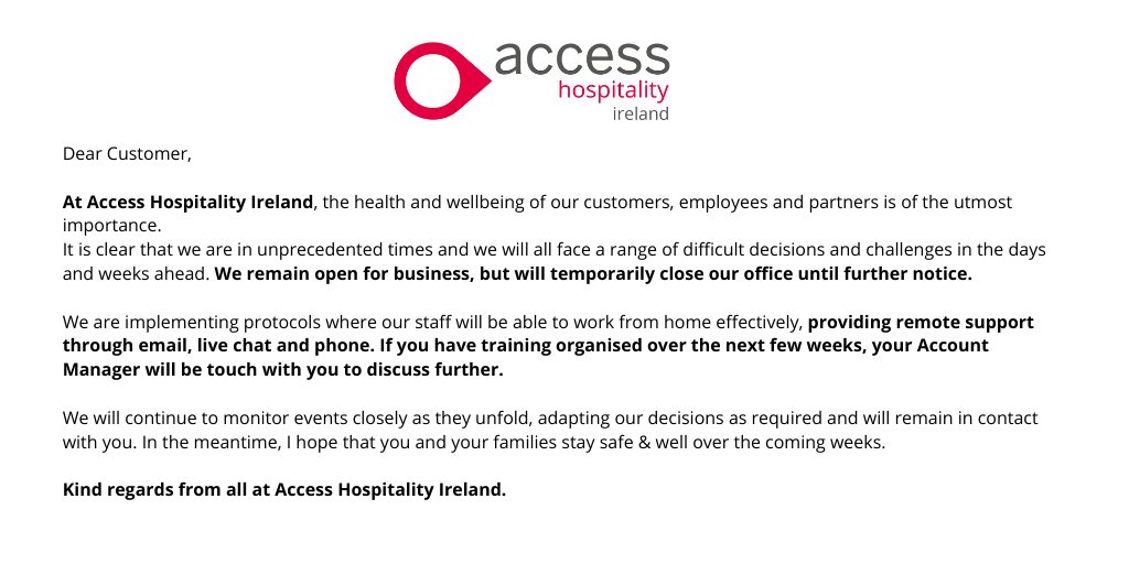 Please see important notice for our customers attached.
#hospitality #care #Covid_19ireland #COVID19