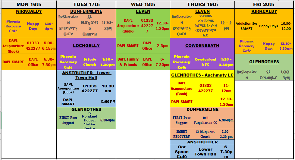 This weeks Recovery Activities throughout Fife... @RecoveryDAPL <a href="/DAPLFife/">DAPL</a> <a href="/firstforfife_uk/">FIRST</a> @RecoveryinFife <a href="/Phoenix_Scot/">Phoenix Futures Scotland</a> <a href="/cluedupproject/">Clued Up</a> <a href="/ADAPTFife/">ADAPT Fife</a> <a href="/FifeADP/">Fife ADP</a> <a href="/nhsfife/">NHS Fife</a>