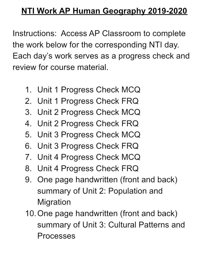 MrDBFrancisco's tweet photo. Good Monday morning! As a reminder, here are #APHUGE and #APWorld NTI assignments for days 5-10. All are unlocked. I’ll post the stuff for the next set of days when they come around.
#ModWorld, your stuff is on paper, so you know what to do. Get at me if you have any questions! https://t.co/1WqG0jATcr