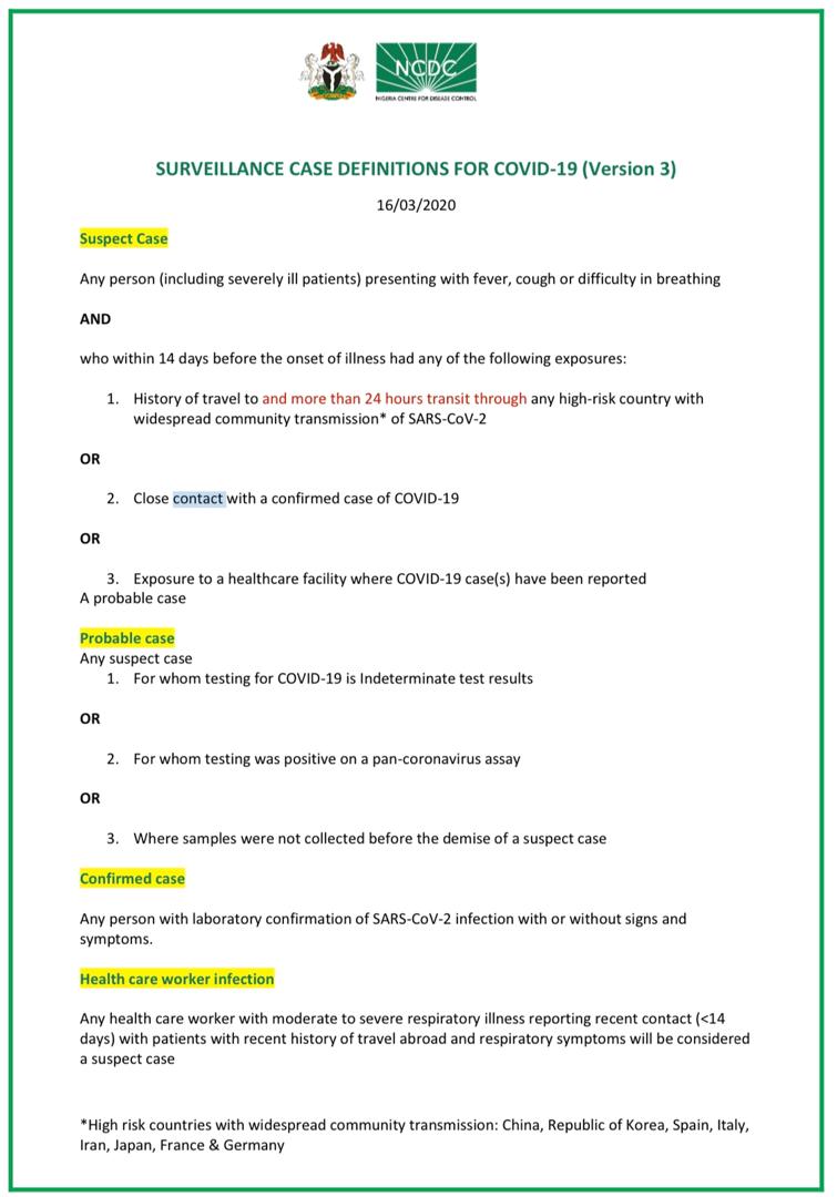 Ncdc On Twitter Covid19nigeria Update Ncdc Has Updated National Case Definitions For Covid19 Including 3 More Countries To The List Of High Risk Countries With Widespread Community Transmission Read The Latest Surveillance