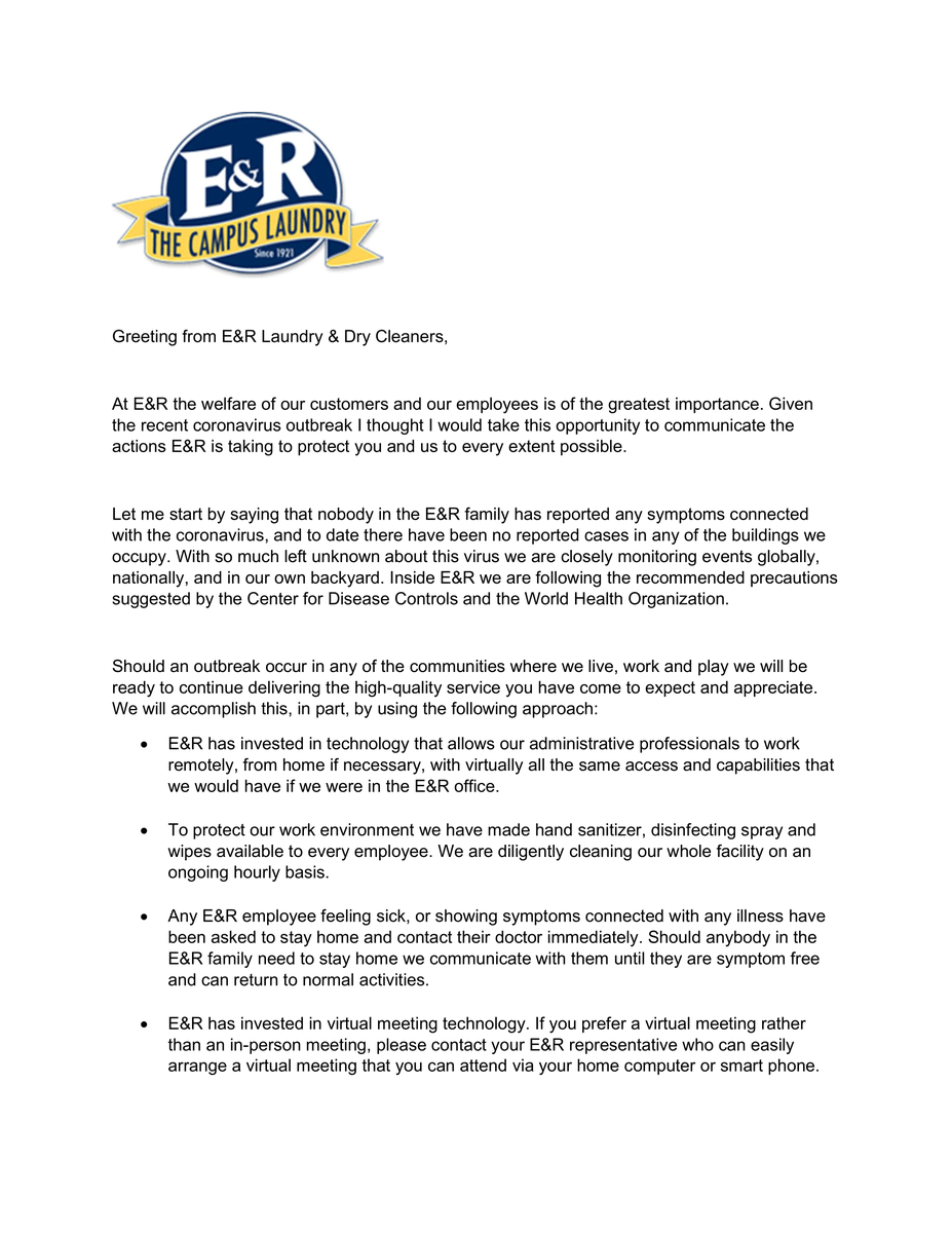 EandRLaundry's tweet photo. An announcement from E&amp;R The Campus Laundry about COVID-19 https://t.co/ex1gBgR2Kl