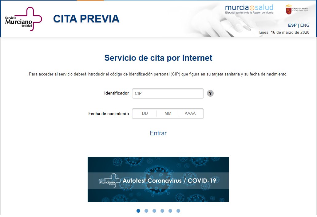 regiondemurcia's tweet photo. 📢¿Tienes síntomas de estar infectado con el #coronavirus?

💻Entra el servicio de cita previa por internet de #MurciaSalud
1 Introduce tus datos
2 Dí que tienes síntomas 
3 Pon tu número de teléfono. Tu centro de salud se pondrá en contacto contigo. #Quédateencasa hasta entonces https://t.co/QnJNtqfqgS