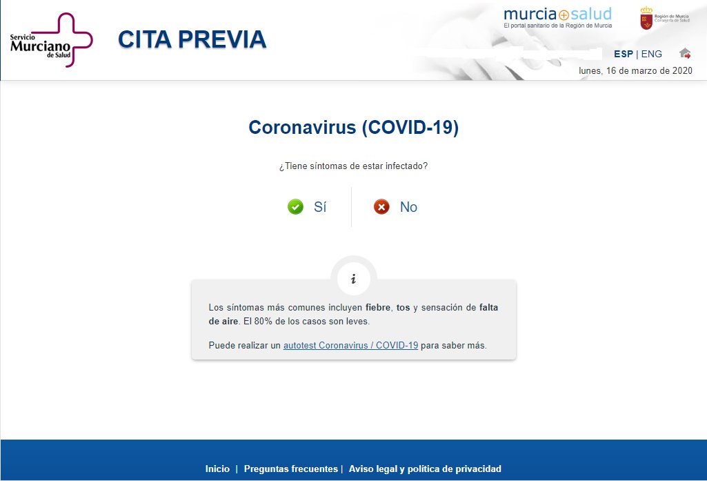regiondemurcia's tweet photo. 📢¿Tienes síntomas de estar infectado con el #coronavirus?

💻Entra el servicio de cita previa por internet de #MurciaSalud
1 Introduce tus datos
2 Dí que tienes síntomas 
3 Pon tu número de teléfono. Tu centro de salud se pondrá en contacto contigo. #Quédateencasa hasta entonces https://t.co/QnJNtqfqgS