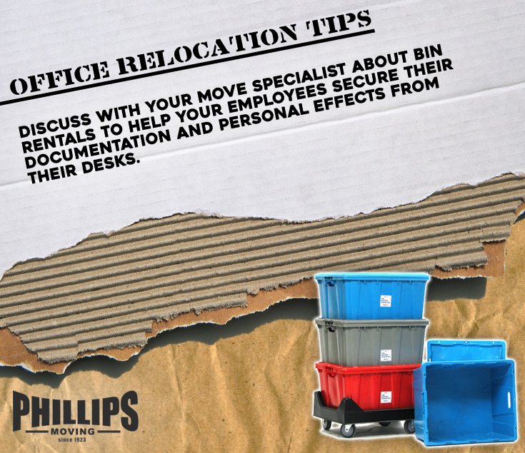 PhillipsMoving's tweet photo. Ensure that both you and your team have an ample amount of bins ready to store documentation and personal effects prior to the big move. #officemovingtips https://t.co/KqI6FeS4hq