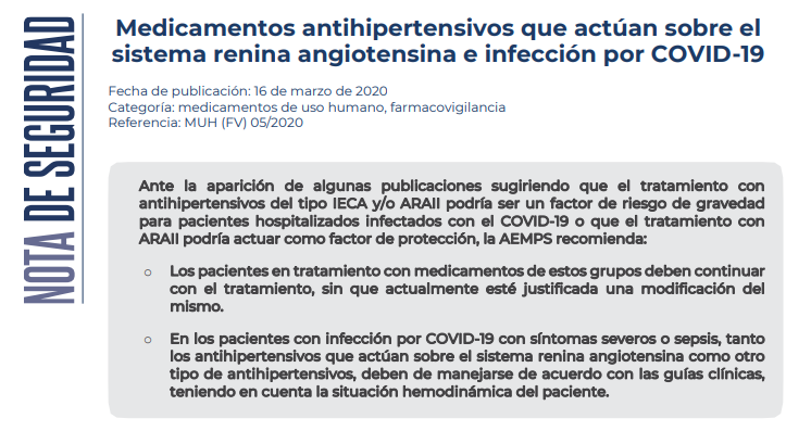 Medicamentos antihipertensivos del tipoIECA y/o ARAII e infección por COVID-19
