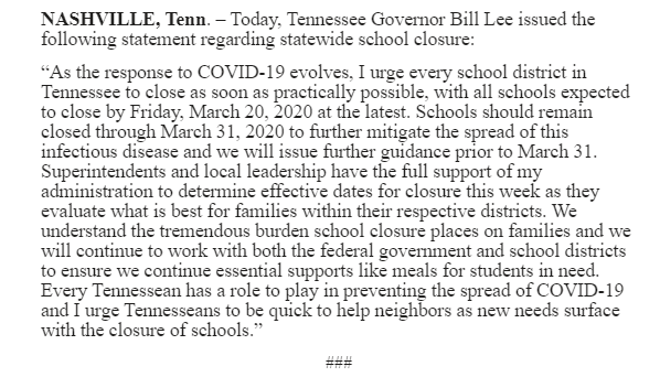 SydneyCKessler's tweet photo. BREAKING: TN Governor Bill Lee URGES all TN schools to close as soon as possible. https://t.co/QBsy5QdAlx