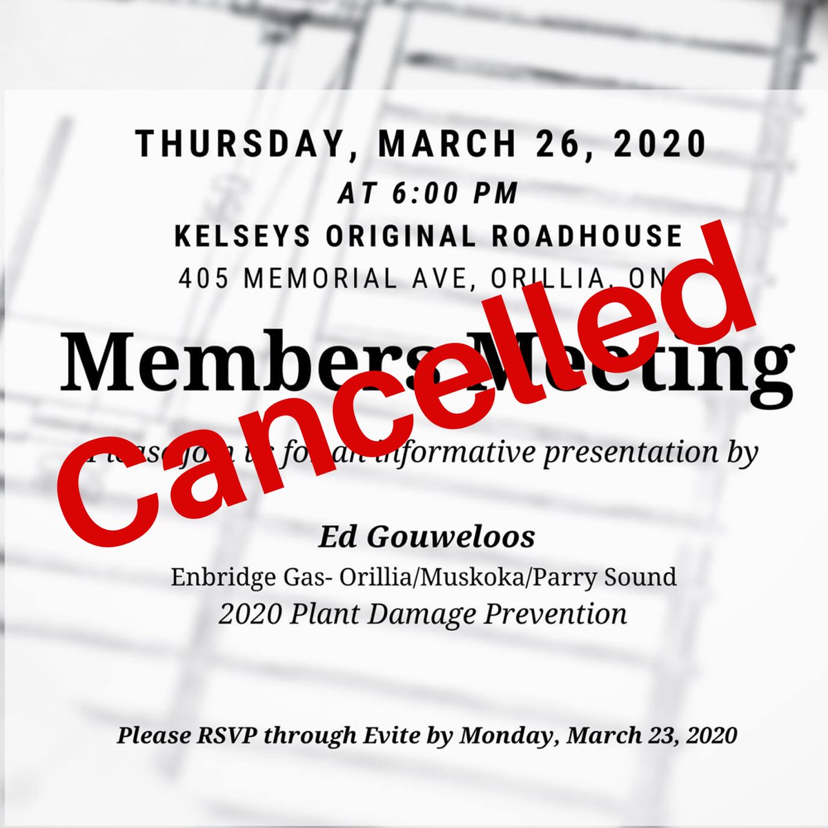 Dear Member’s
I regret to advise you that the Orillia &amp; District Construction Association March members' meeting has been cancelled in response to the Coronavirus pandemic. 
Please visit our Facebook post for more details facebook.com/orilliadistric… #meetingcancellation #notice #memo