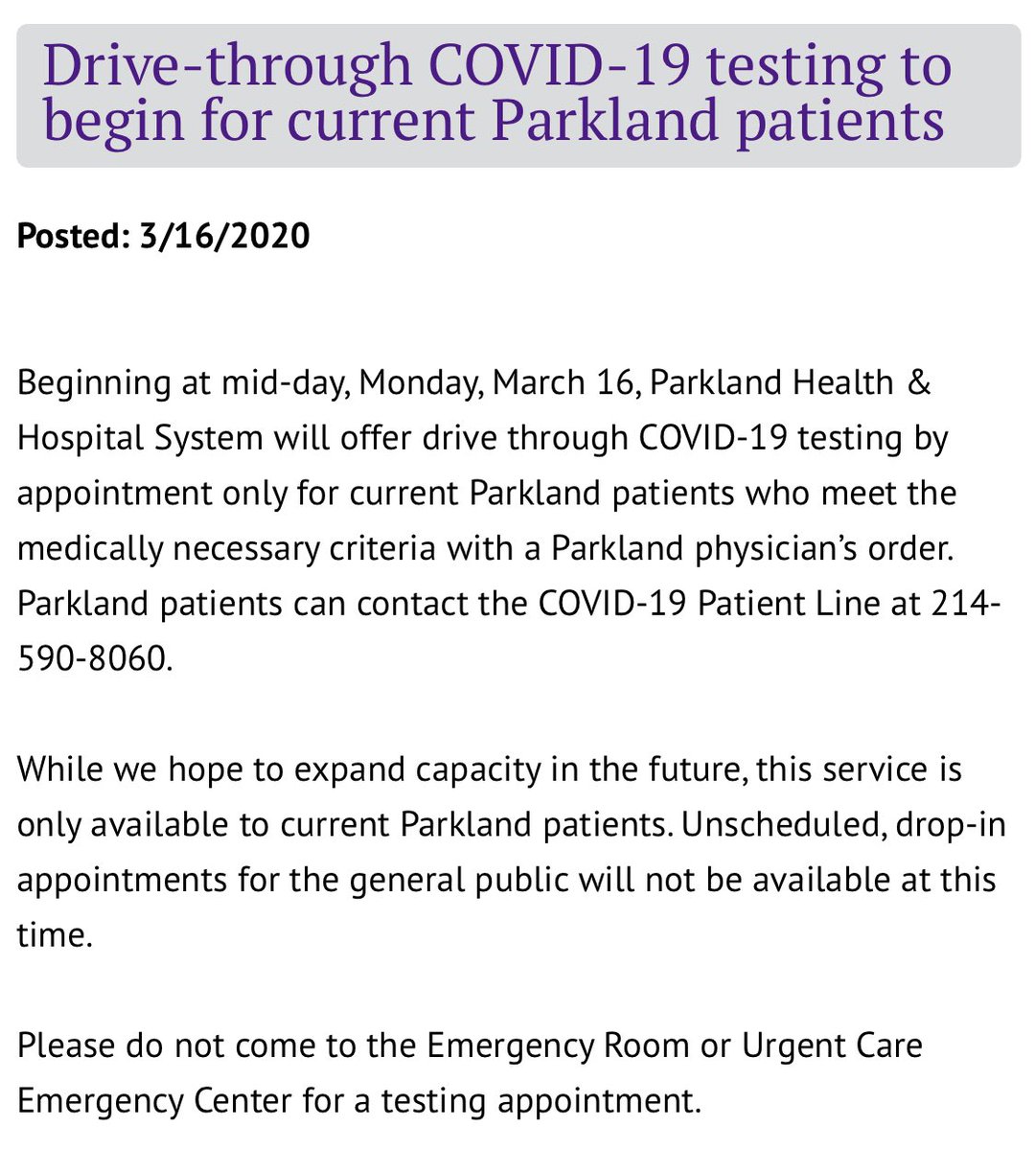 syedareports's tweet photo. .@Parkland Hospital plans to roll out limited drive-thru #COVID19 testing today. The service is available by appointment and is only being offered to existing Parkland patients. https://t.co/R0uqL5FCWX