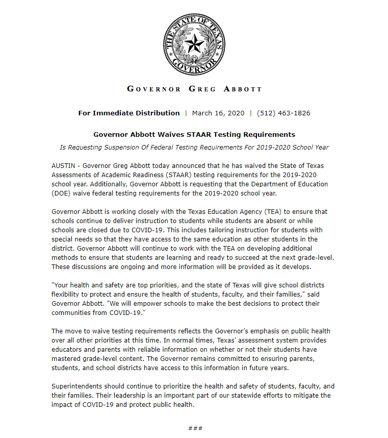 dallasschools's tweet photo. Just In: @teainfo and @GovAbbott have waived the STAAR testing requirements for this school year. https://t.co/Mx4UaCy2ez