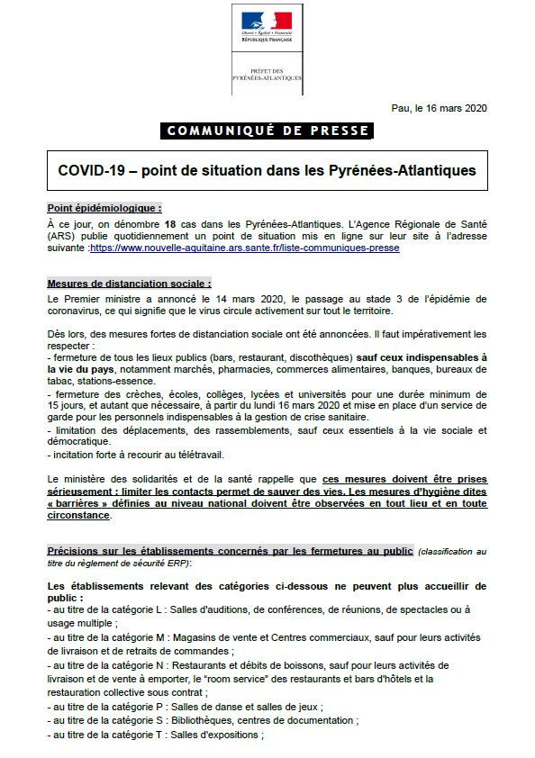 Prefet64's tweet image. #COVID19 #coronavirus 
Retrouvez ci-dessous le point de situation 64 de ce matin. 
➡️Retrouvez en ligne l'arrêté du 15 mars 2020 covid-19 précisant les activités qui peuvent continuer à recevoir 
du public : legifrance.gouv.fr/affichTexte.do…