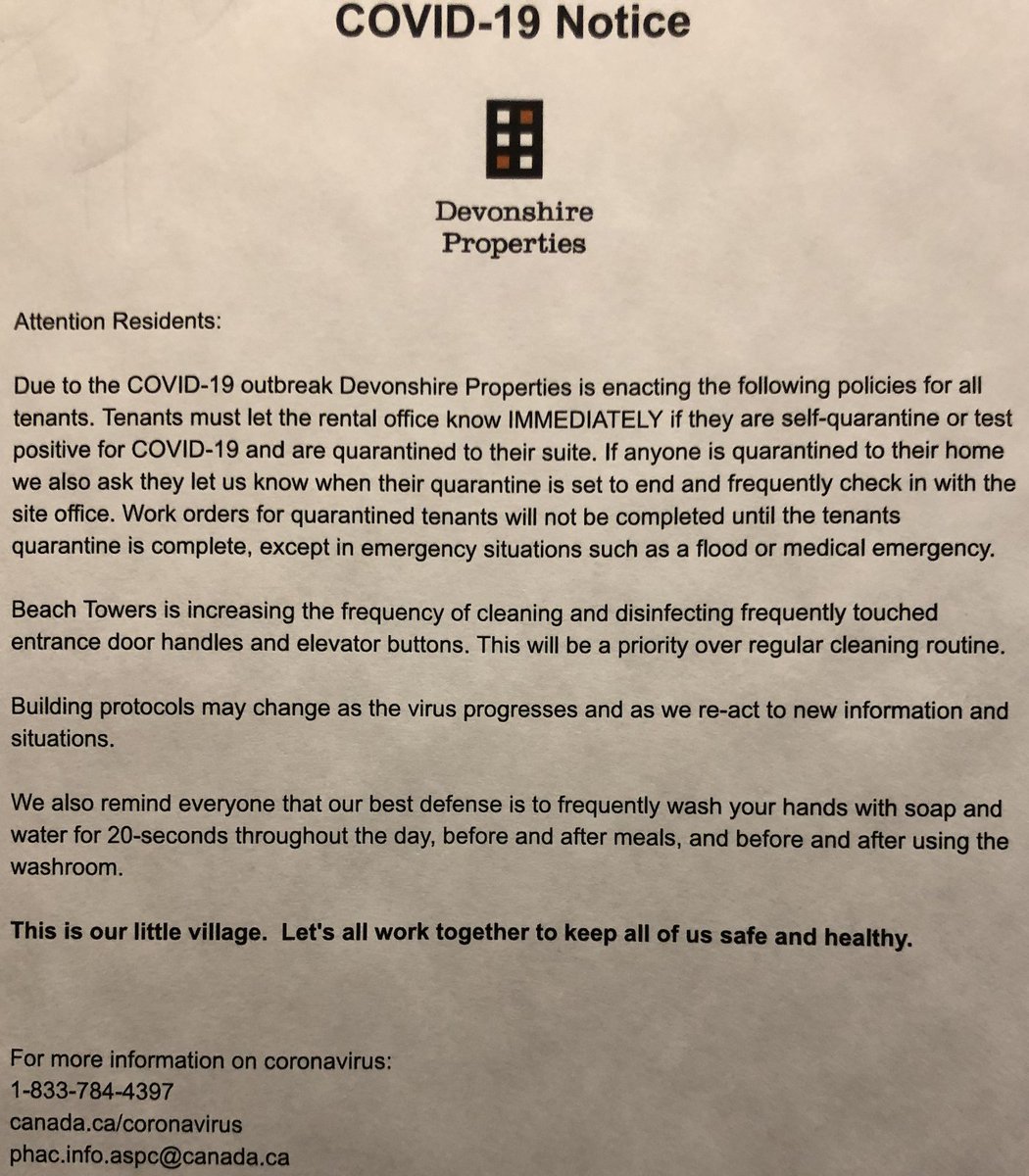 Devonshire Properties (renting 2500 units across Canada) posted the attached notice demanding tenants disclose their COVID-19 status. While justified if tenant has requested repairs in the unit, such a blanket request violates privacy laws. Formal complaint has been filed.