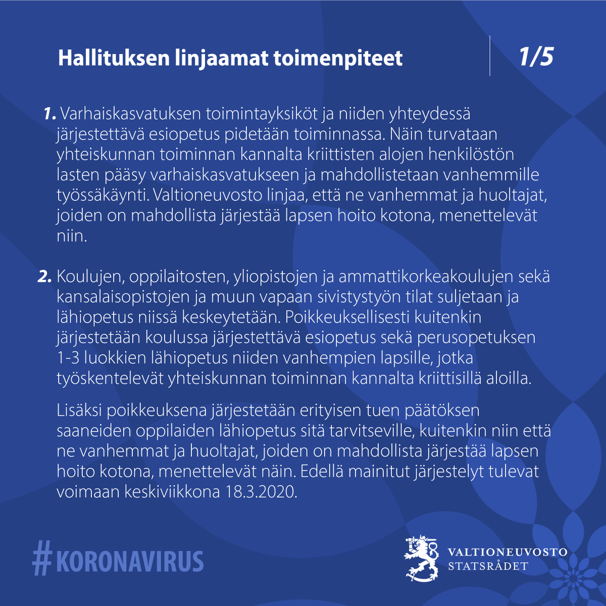 valtioneuvosto's tweet photo. Hallitus on linjannut lisätoimenpiteistä koronavirustilanteen hoitamiseksi Suomessa. Toimenpiteiden tarkoituksena on suojata väestöä sekä turvata yhteiskunnan ja talouselämän toiminta. Linjaukset ovat voimassa 13.4. 2020 asti. 

Tiedote: https://t.co/WCCZUcHBJx

#Koronavirus https://t.co/SOoLc8ePc5