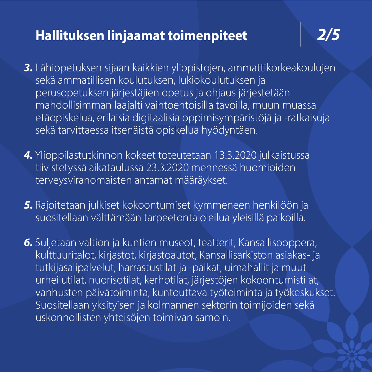 valtioneuvosto's tweet photo. Hallitus on linjannut lisätoimenpiteistä koronavirustilanteen hoitamiseksi Suomessa. Toimenpiteiden tarkoituksena on suojata väestöä sekä turvata yhteiskunnan ja talouselämän toiminta. Linjaukset ovat voimassa 13.4. 2020 asti. 

Tiedote: https://t.co/WCCZUcHBJx

#Koronavirus https://t.co/SOoLc8ePc5