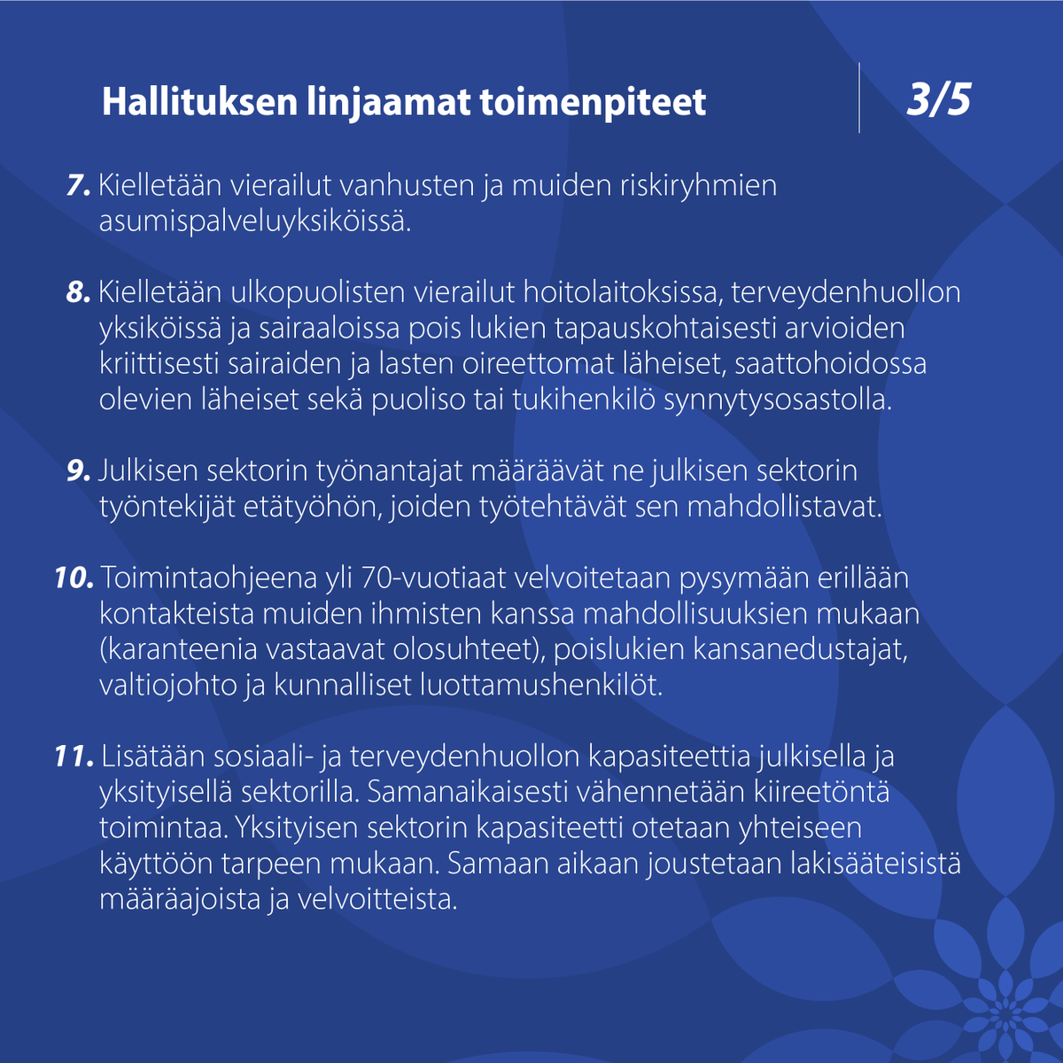 Hallitus on linjannut lisätoimenpiteistä koronavirustilanteen hoitamiseksi Suomessa. Toimenpiteiden tarkoituksena on suojata väestöä sekä turvata yhteiskunnan ja talouselämän toiminta. Linjaukset ovat voimassa 13.4. 2020 asti. 

Tiedote: valtioneuvosto.fi/artikkeli/-/as…

#Koronavirus