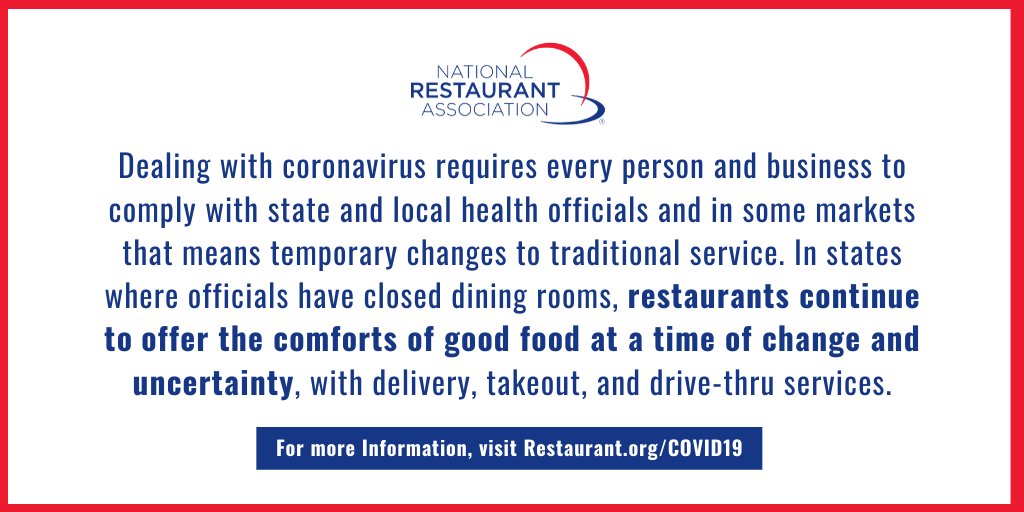 Restaurants are committed to complying with state and local health authorities to keep customers and communities safe now and in the days ahead.

Find out more about what the industry is doing here: bit.ly/Covdi19.