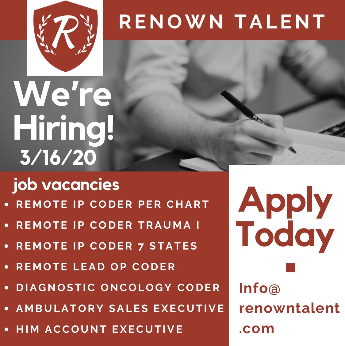 renownceo's tweet photo. Renown Career Openings 3/16/20
#hiring #jobs #careers #recruiting #medicalcoding #coding #remote #sales #him #hit #ahima #ccs #rhit #rhia #aapc #cpc #recruitment #recruit #socialmedia #inpatient #outpatient #oncology #trauma #perhour #perchart #BeRenown #RenownTalent #tampa https://t.co/6VuzBEz1kX