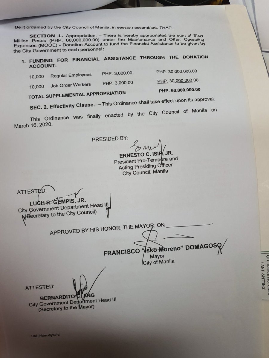 Manila Public Information Office (@manilapio) on Twitter photo NEWS ALERT: Manila City Mayor <a href="/IskoMoreno/">Isko Moreno Domagoso</a> has signed Ordinance No. 8620 which allocates about P60 million to be used as financial assistance for all employees and job order workers of the city government amid the COVID-19 pandemic.
#AlertoManileno #COVID19PH NEWS ALERT: Manila City Mayor <a href="/IskoMoreno/">Isko Moreno Domagoso</a> has signed Ordinance No. 8620 which allocates about P60 million to be used as financial assistance for all employees and job order workers of the city government amid the COVID-19 pandemic.
#AlertoManileno #COVID19PH