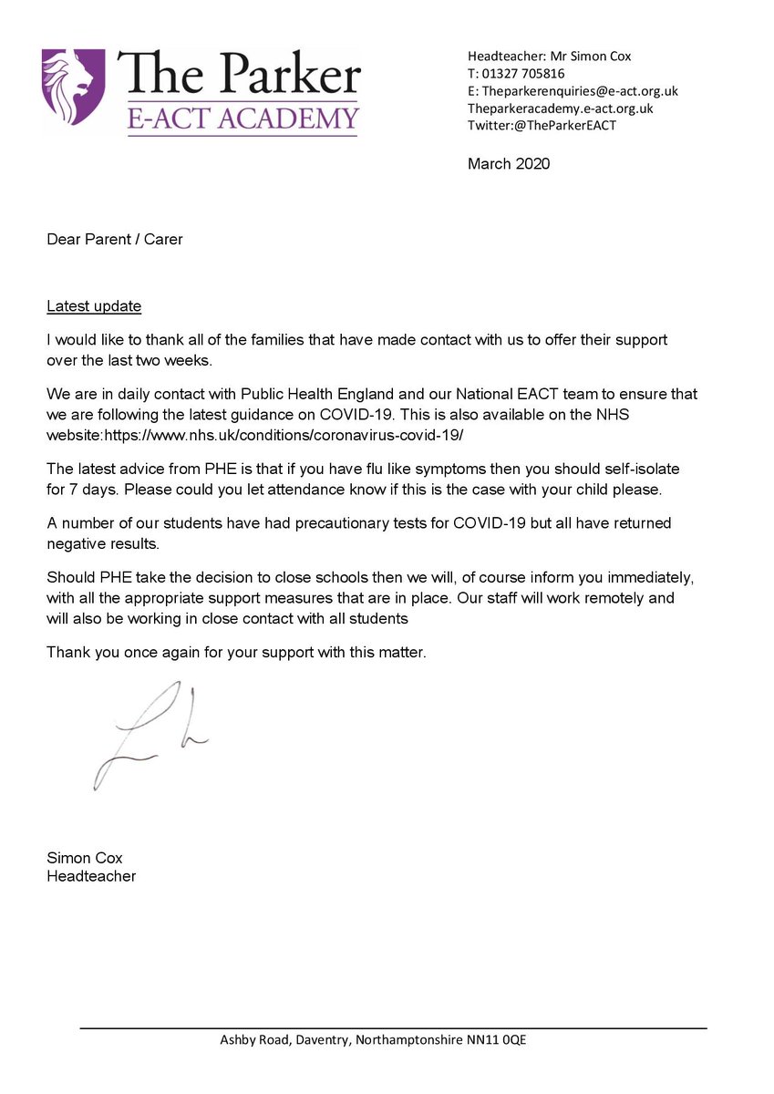 16th March - Latest update for parents/carers: