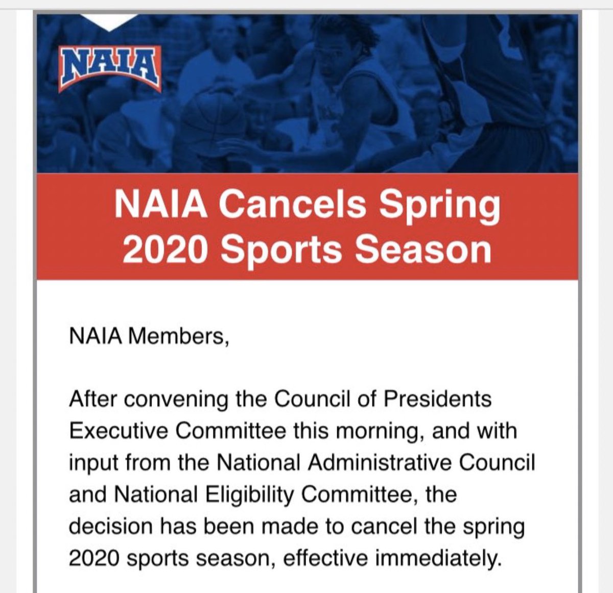 BREAKING: The NAIA has officially canceled their spring season

“In an effort to provide relief, no spring student-athlete will be charged a season of competition. Any spring sport student-athlete who was enrolled full-time in 2020 will be awarded two additional semester terms”