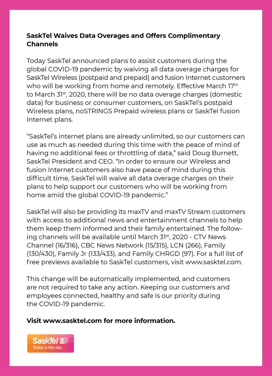 SaskTel's tweet photo. Today SaskTel announced plans to assist customers during the global COVID-19 pandemic.  Please visit https://t.co/87O9Wb8MzL for the latest updates. https://t.co/TJ32ISTvGG