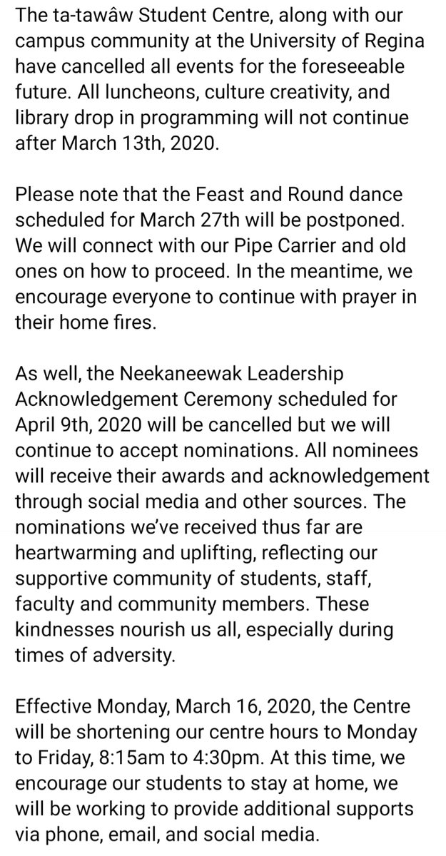 UofR_tatawaw's tweet photo. Here's a message from your friends at ta-tawâw Student Centre about our operations as of Monday, March 16, 2020. For official UofR updates, please follow the UofR main page. https://t.co/1o8RBhcOLN