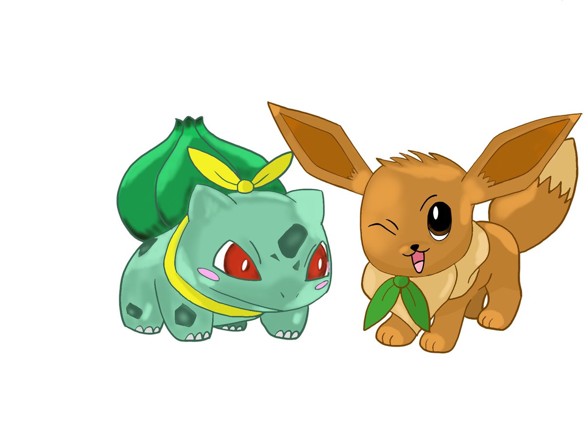 Ferbkirby's tweet photo. This game is so cute 
I tried to draw my cuties, I’m still very new to colouring but I think I did okay 🥺👉🏻👈🏻 
#bulbasour #eevee #Pokemon https://t.co/vIeLzF6Kgz