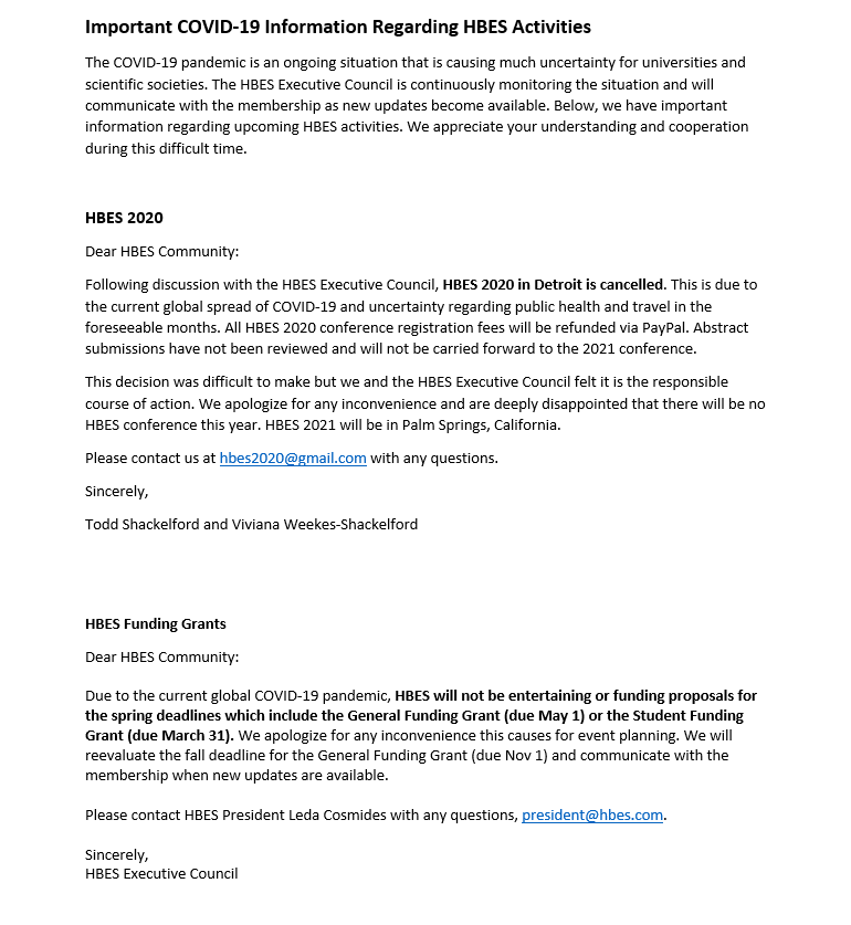 HumBehEvoSoc's tweet photo. The local organizers and Executive Council have cancelled #HBES2020 due to the #COVID19 pandemic, and have postponed funding grants until at least the fall.

#HBES2021 will be hosted in Palm Springs, CA https://t.co/FCIv2RAgVb