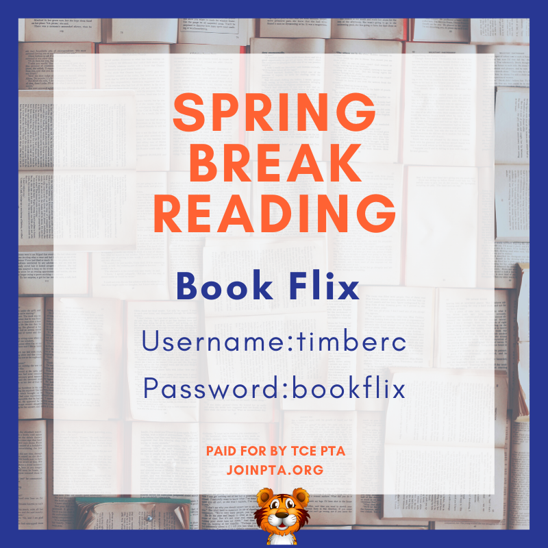 TimberCrElemPTA's tweet photo. 📚Spring Break Reading📚
TCE PTA provides digital books thru BookFlix to our TCE Families! We hope you all are having a fabulous Spring Break. School might be on break, but this is a great way to encourage your child to continue reading each day!
#TigerPTA #PTAProud #TCEroars https://t.co/pLR28Vy2nN