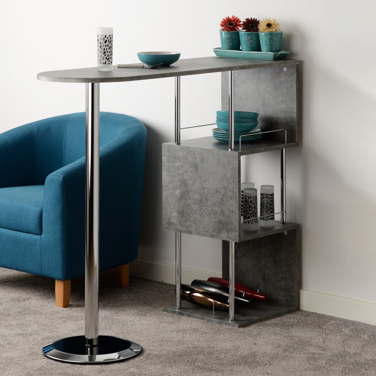 THECASH_FACTORY's tweet photo. Since all the pubs are closed it maybe time to setup your own bar at home. Our Charisma bar table will do the trick nicely! Grey concrete effect top with chrome support, 3 shelves &amp; built in wine rack. Now available online at https://t.co/8TsH2xLHu0 https://t.co/wwvkHqFpmy
