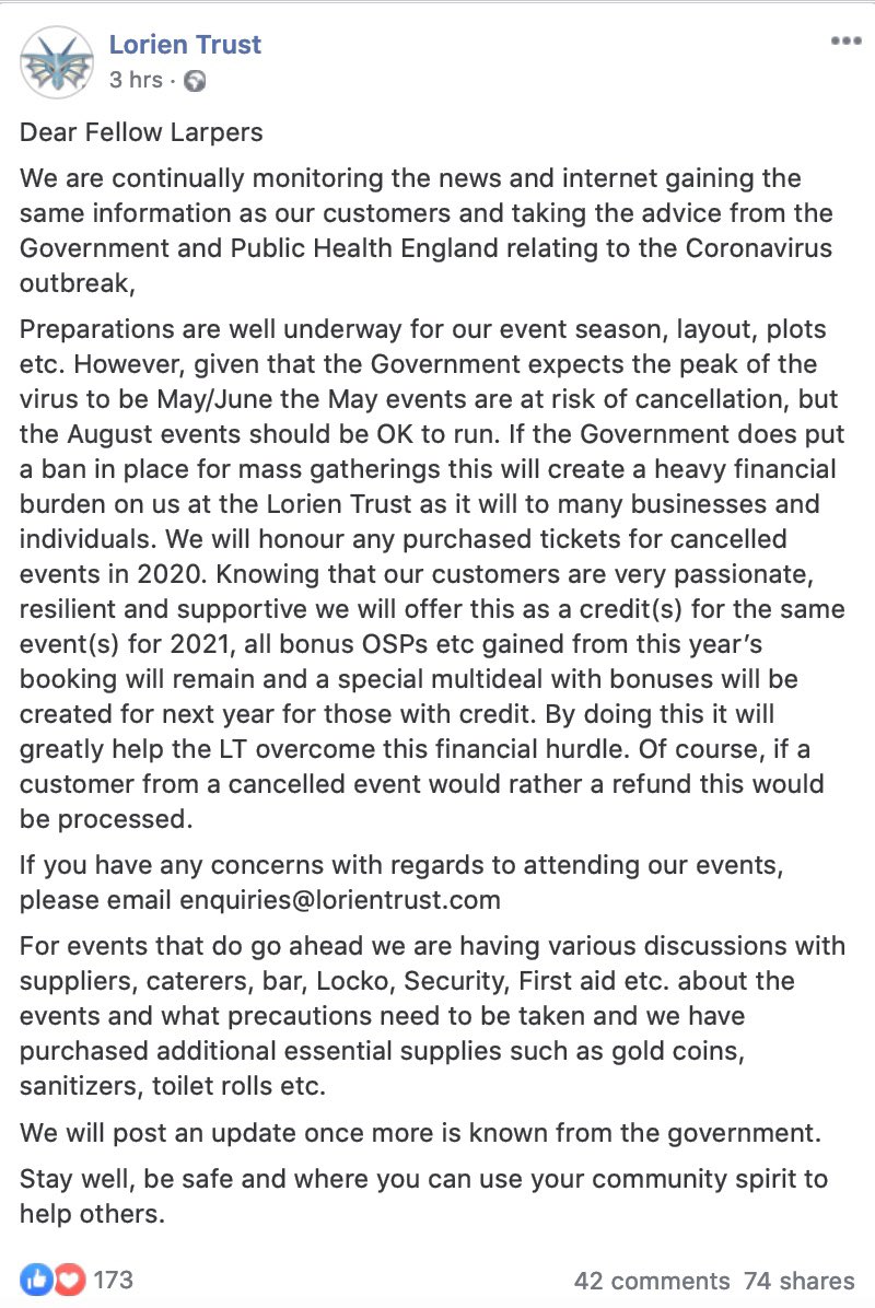 LorienTrust's tweet photo. A quick message to all of our fantastic customers and friends in the LARP community regarding Lorien Trust events in the UK https://t.co/SbUA3gZF6i