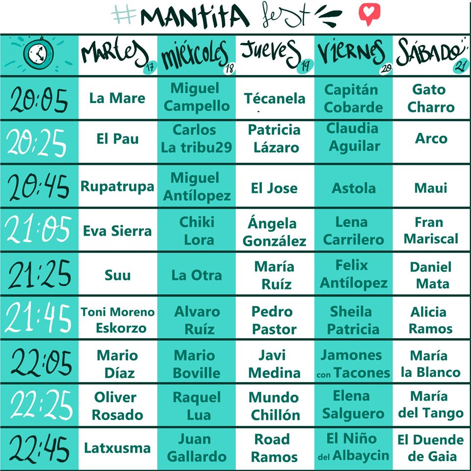 Sabemos que te vas a quedar en casa estos días y te invitamos a que disfrutes del MANTITA FEST y bailes con <a href="/miguelcampello_/">Miguel Campello</a>  el miércoles a las 20.05 y el jueves a las 20.45 de <a href="/eljosemismo/">El Jose</a>  para ir abriendo boca.... #yomequedoencasa facebook.com/mantitafest/