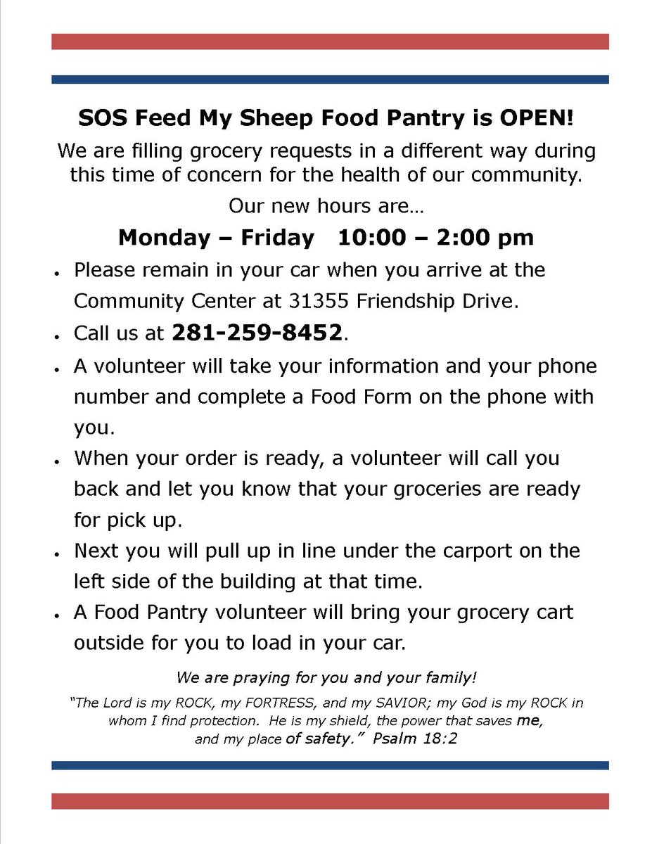 MagnoliaISD's tweet photo. Society of Samaritans Food Pantry is open this week from 10 a.m. - 2 p.m. and is operating in a drive-thru pick-up manner. Please see the flyer for more details. https://t.co/IiXhqxFQXp
