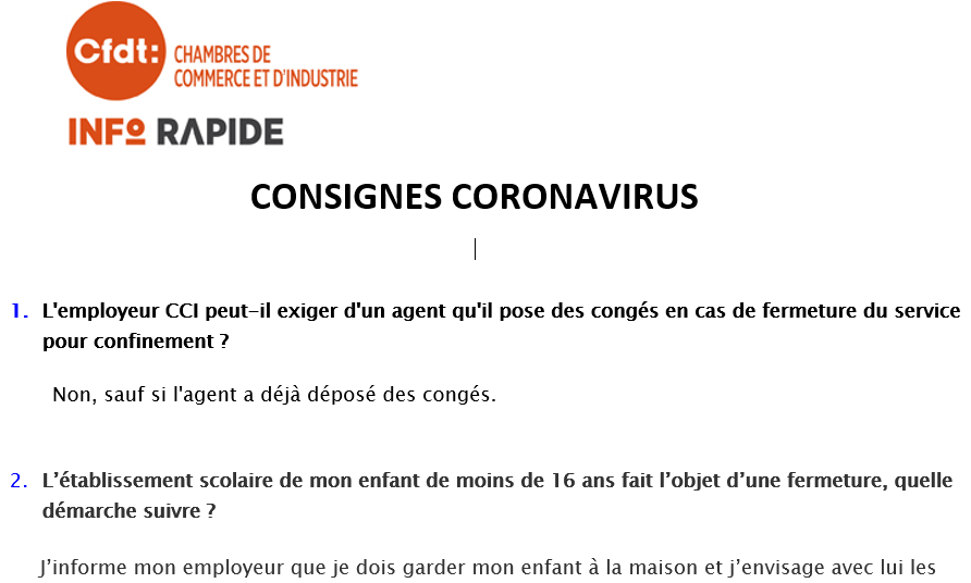 cfdtcci's tweet photo. Salariés des #CCI,  en télétravail, en arrêt pour garder vos enfants, ou au travail mobilisés pour répondre aux nombreux appels des #entreprises #COVID19france,  la #CFDT vous informe de vos droits https://t.co/fwz6gOCXlh.  Prenez soin de vous 😷et respectons les consignes! https://t.co/qtMmHkQimm
