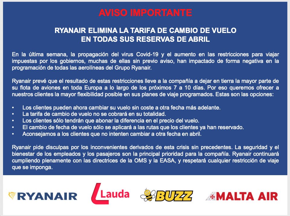 📌Eliminamos la tarifa de cambio de vuelo en todas las reservas de abril. 

Ve a la sección "Gestionar mi reserva" en Ryanair.com para realizar cualquier cambio.

Más información aquí👇🏼
