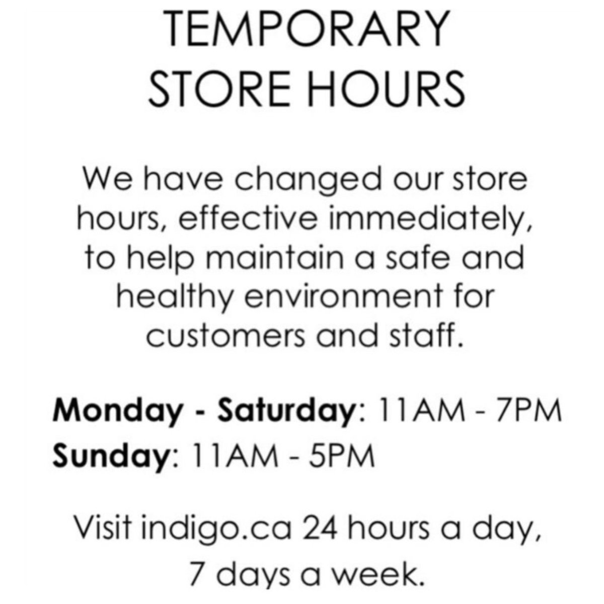 ChaptersMarkham's tweet photo. Until further notice, our store hours are changing in response to current events. Thank you for your understanding. Please take care everyone! https://t.co/9TzIaRt5aF