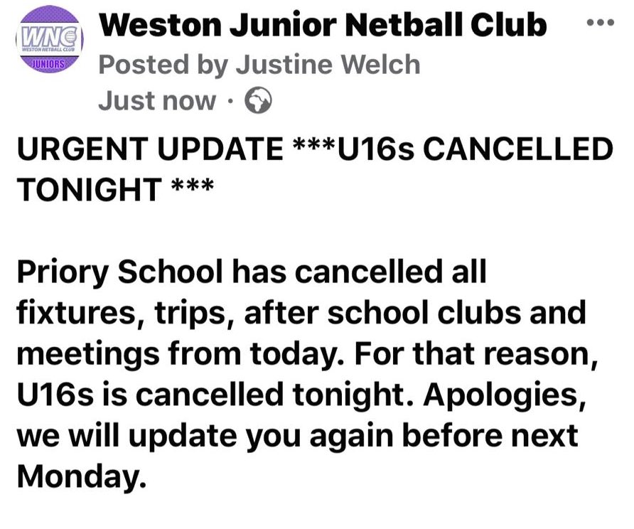NetballJunior's tweet photo. Important message for U16s regarding training tonight https://t.co/pduzzBK9Ag