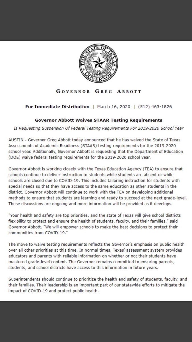 Thank you, Governor Abbott!  Less stress for students and teachers is appreciated.