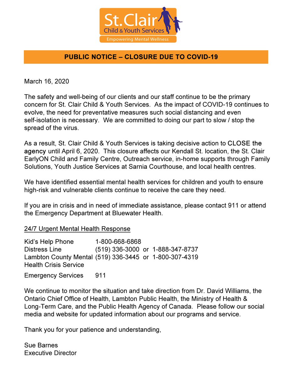 StClairChild's tweet photo. Important COVID-19 closure notice for St. Clair Child &amp; Youth Services.   We are committed to doing our part to slow / stop the spread of the virus. https://t.co/HPSyDzZGkC