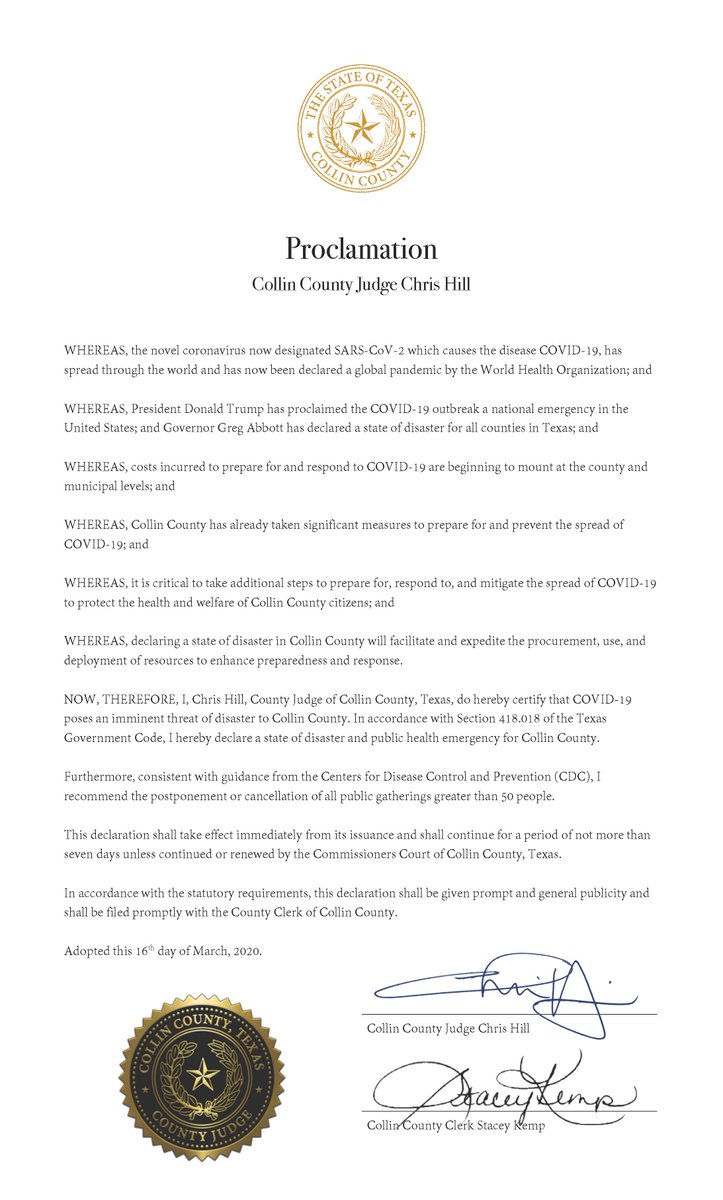 CollinCoSO's tweet photo. FOR IMMEDIATE RELEASE: Monday, March 16, 2020
County Judge issues disaster declaration for Collin County

https://t.co/ozhUHGKjZA https://t.co/iNEdanatCu
