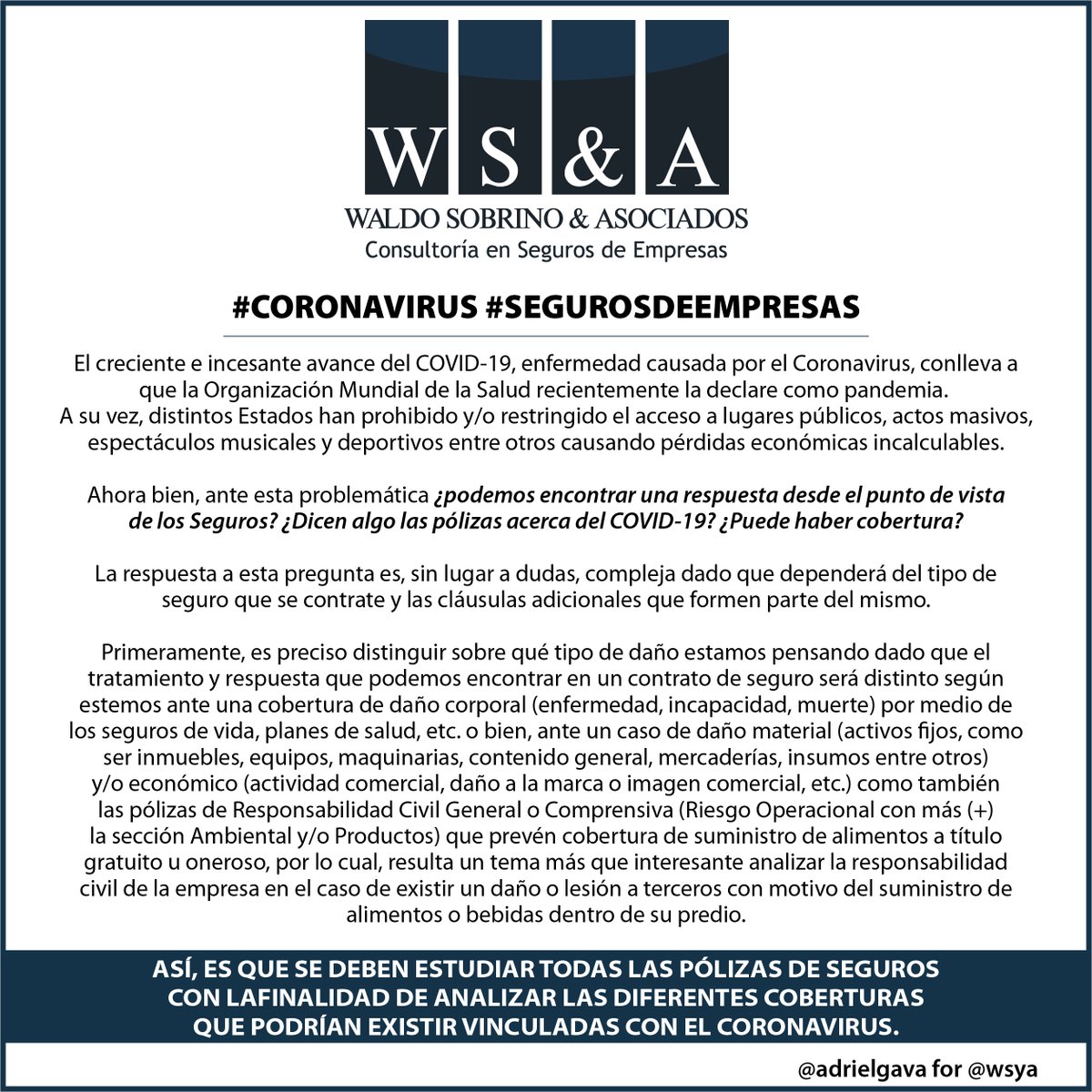 wsyasociados's tweet image. #Coronavirus #SegurodeEmpresas

Nota completa en link debajo
facebook.com/wsyasociados/

Contáctenos:
✉ consultas@wsya.com.ar
📲+54 11 5278 8000
💻 wsya.com.ar
.
.
.
#wsya #waldosobrino #mercedestortorelli #adrielgava #sebastiancerda #abogados #seguros #segurosempresas