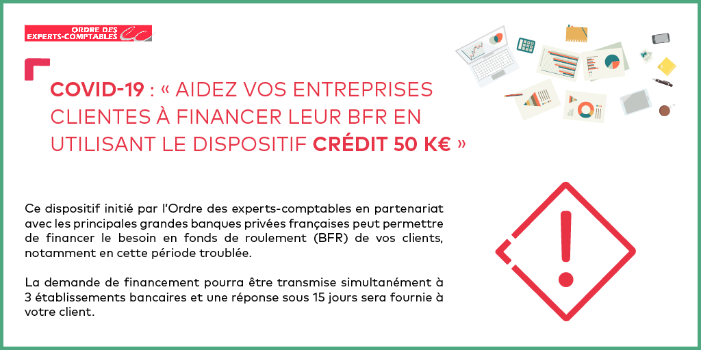 ⚠ #Coronavirus | #ExpertsComptables, aidez vos clients à financer leur Besoin en Fonds de Roulement (BFR) grâce au dispositif #Crédit50K€ !

🔗 Accédez ici au formulaire de demande de #financement ➡ bit.ly/Credit50K

#CoronavirusFrance #COVID19