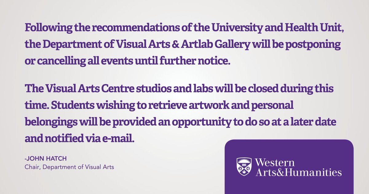 The Department of Visual Arts &amp; <a href="/Artlab_Gallery/">ArtLAB</a> will be postponing or cancelling all events until further notice. 

Read More: uwo.ca/visarts/news/2…

Visit uwo.ca/coronavirus to read the latest #WesternU updates.