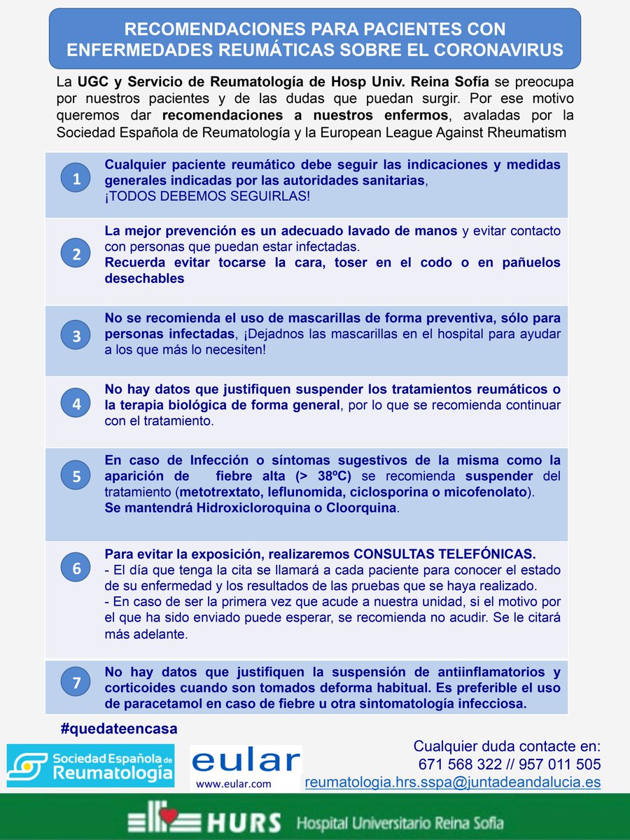 HUReinaSofia's tweet photo. Desde la Unidad de #Reumatología han elaborado estas recomendaciones sobre el #coronavirus 🦠 para pacientes con enfermedades reumáticas. ¡Gracias por vuestra implicación! #CONVID19 #Convid_19 https://t.co/sljSoWzwcu
