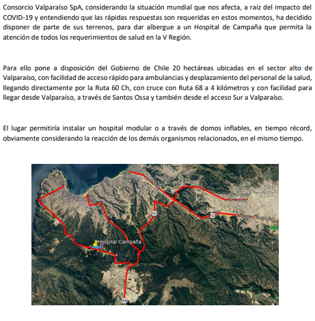 ConsorcioValpo's tweet photo. @cmonckeberg @sebastianpinera @Minvu @ministeriosalud @ServiuRM Consorcio Valparaíso SpA ofrece al Gobierno sus terrenos, sin costo, para la instalación de un Hospital de Campaña para la Región y combatir el #Coronavirus. @GobiernodeChile @Core_Valparaiso @MunicipioValpo @SaludSsrv https://t.co/WUYiGLBhzG