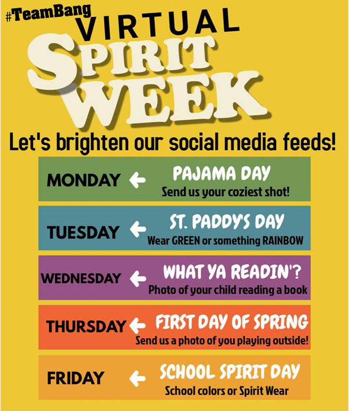bang_pto's tweet photo. Let's keep our Bang Spirit strong with a Virtual Spirit Week!
Share a pic and tag us! #teambang #CFISDspirit @BangElementary https://t.co/qj96h9qzVL