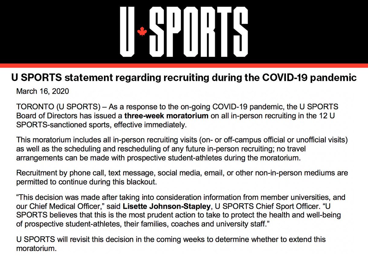 U SPORTS statement regarding recruiting during the COVID-19 pandemic