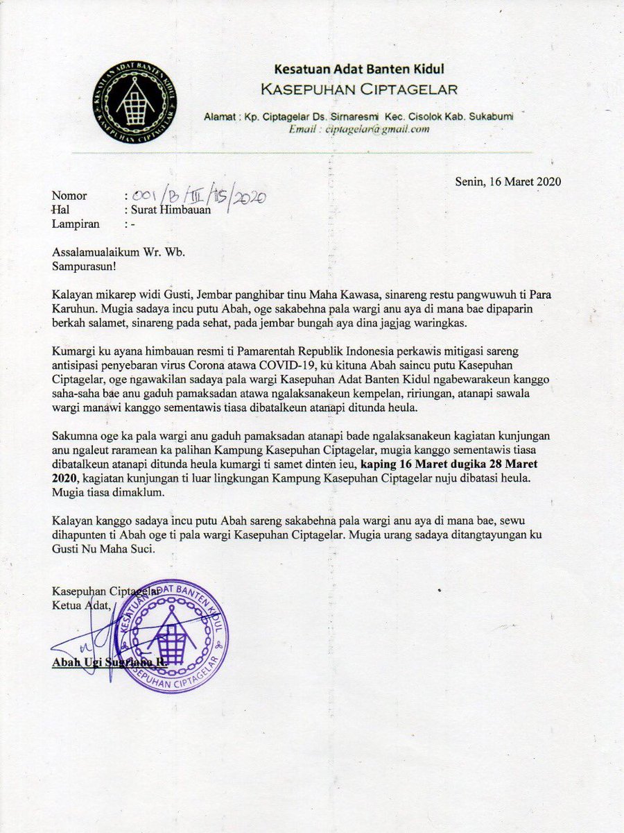 Bewara ti Pupuhu Adat Kasepuhan Ciptagelar perkawis mitigasi &amp; antisipasi penyebaran virus Corona atawa COVID-19.