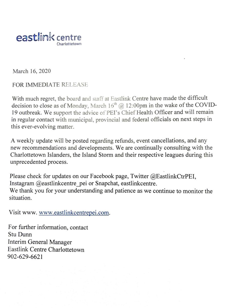 The <a href="/EastlinkCtrPEI/">Eastlink Centre Charlottetown</a> is temporarily closed until further notice.